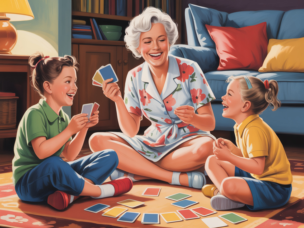 Grandmother sitting on the floor laughing and playing cards with her grandchildren in a warm, cozy living room