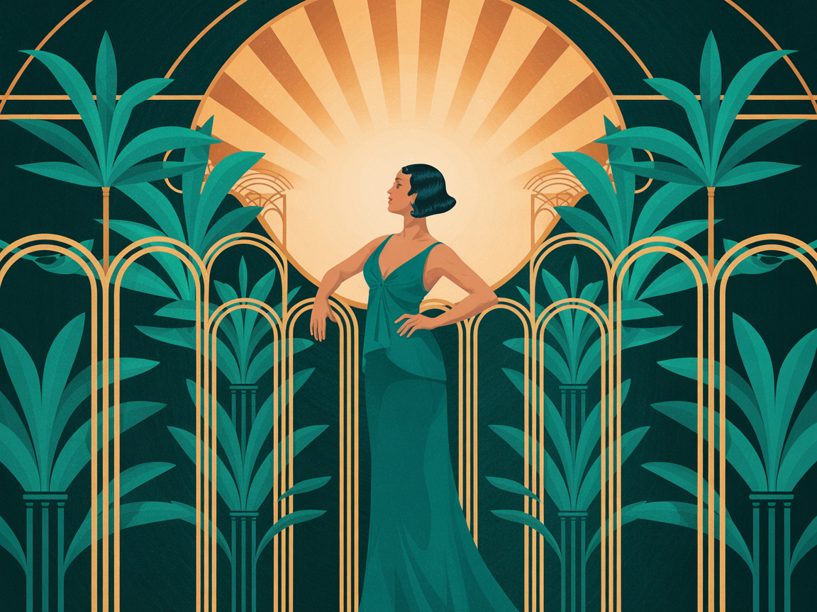 An elegant woman stands confidently in a sunlit Art Deco atrium surrounded by golden arches and lush plants