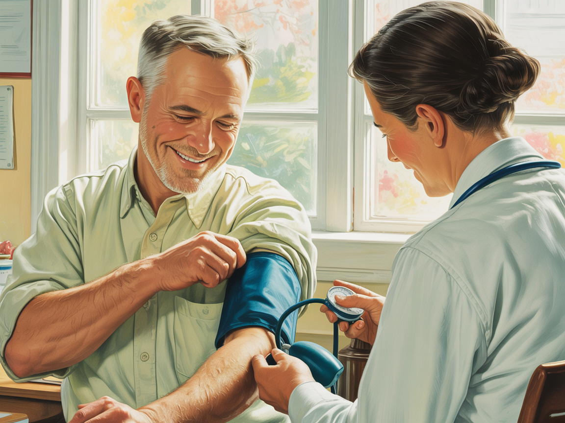 A smiling older man getting a blood pressure check at a warm, welcoming doctor's office.