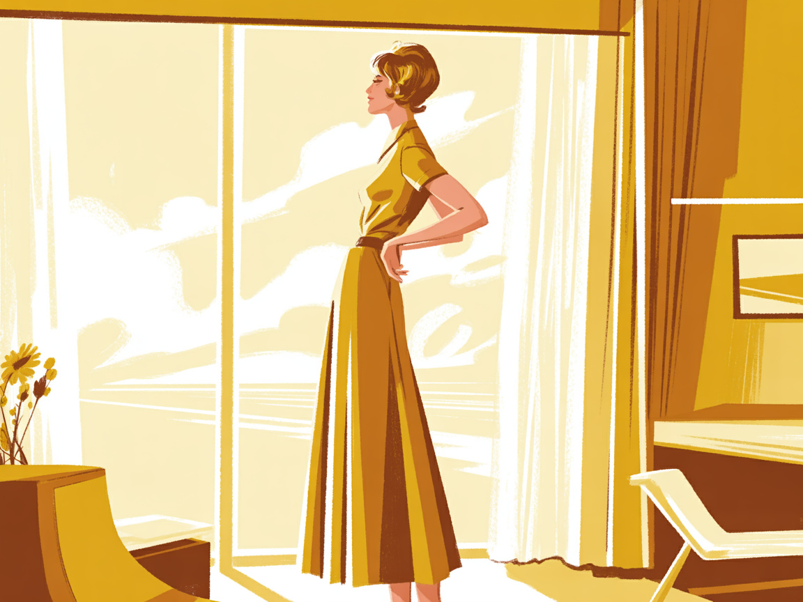 A confident woman stands at a sunlit window, looking out with calm self-assurance in a 1960s editorial illustration style.