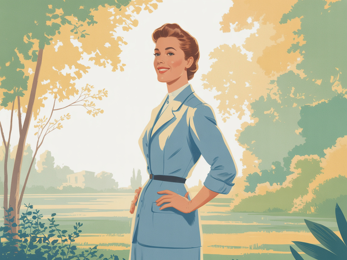A confident older woman standing at ease in a sunny park, illustrated in a warm vintage advertising style