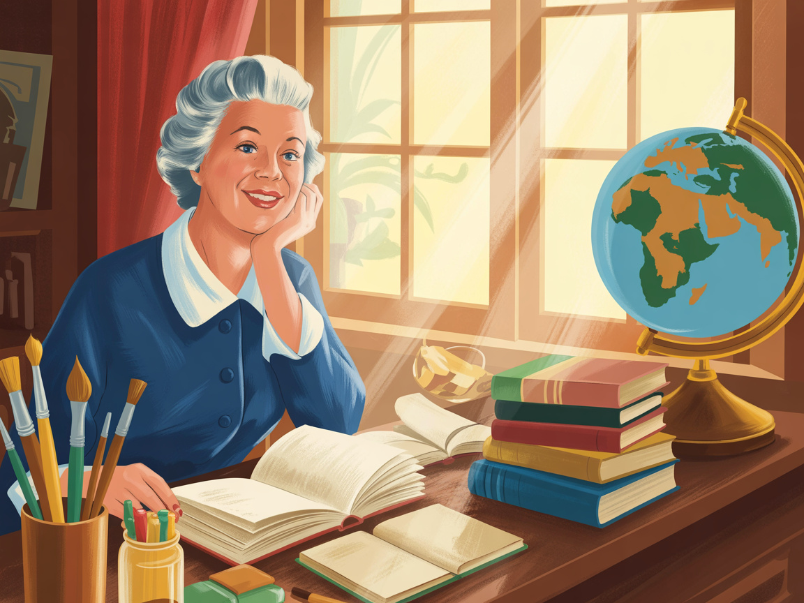 Vintage illustration of an older woman joyfully learning at a sunlit desk surrounded by books and art supplies