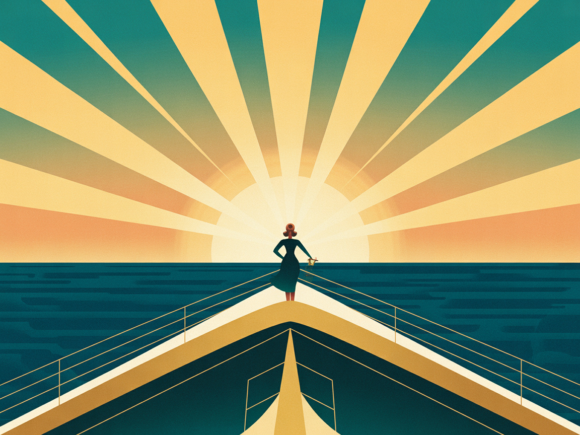 A confident woman stands at the prow of an Art Deco ocean liner sailing toward a glowing golden horizon at dawn