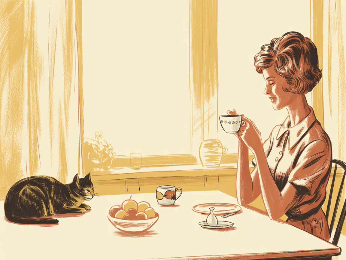 A woman sits quietly at a sunlit kitchen table with morning tea in a 1960s editorial illustration style.