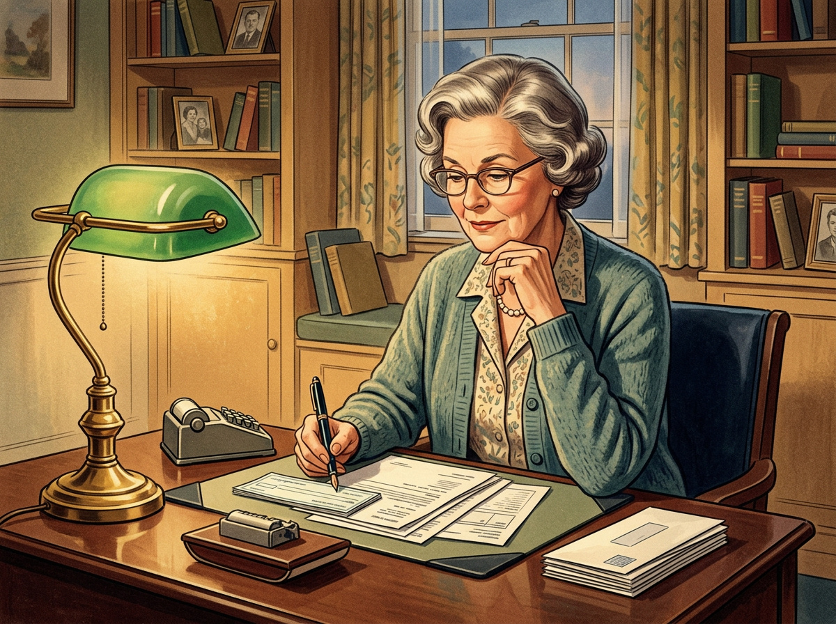 Vintage illustration of an older woman calmly reviewing her finances at a warm, tidy desk
