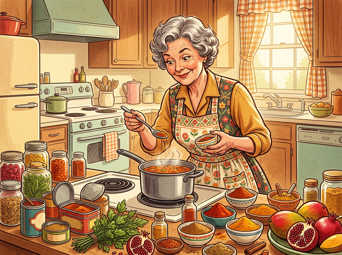 Vintage illustration of an older woman joyfully experimenting with international cuisine in a warm retro kitchen