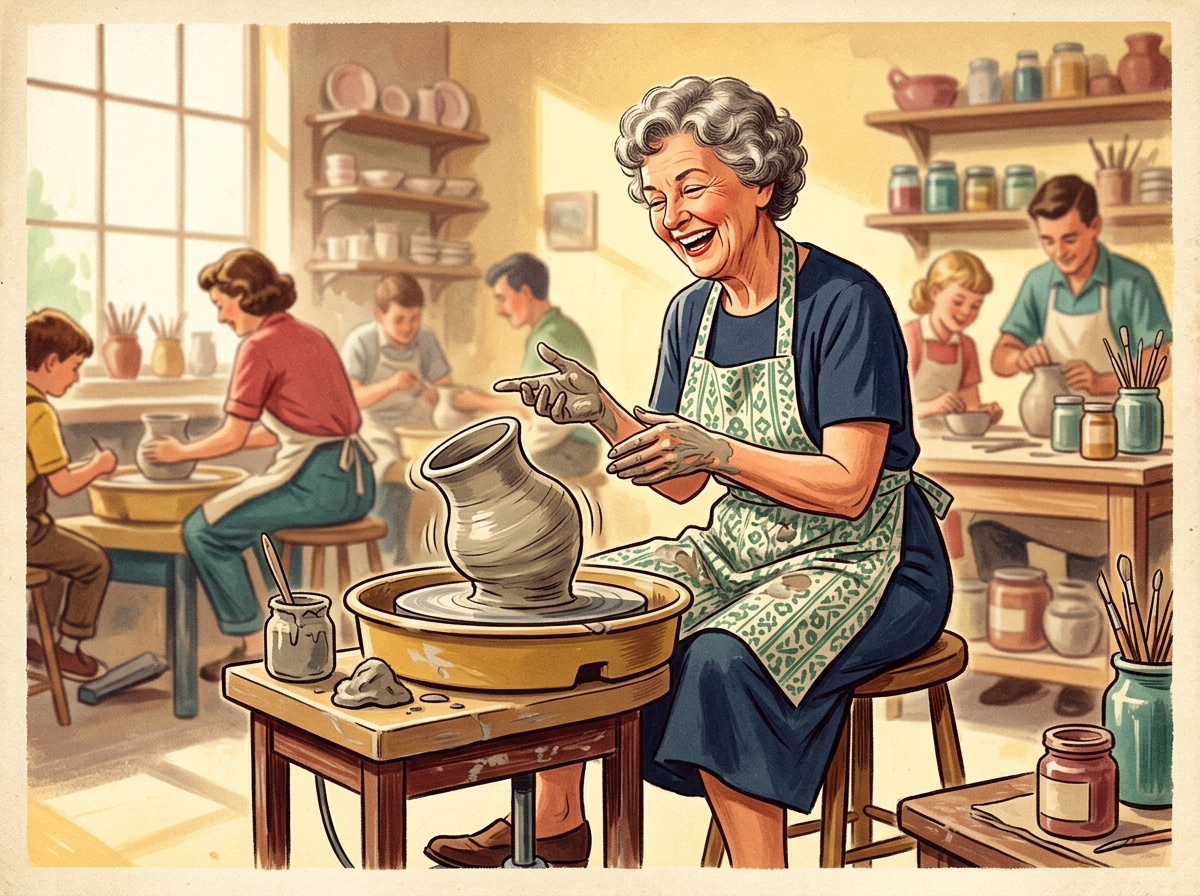 Vintage illustration of an older woman laughing at her pottery attempt in a cheerful art studio