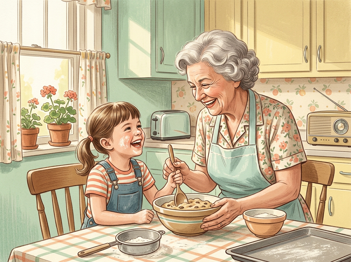 Vintage illustration of a grandmother and grandchild laughing together naturally at a sunny kitchen table