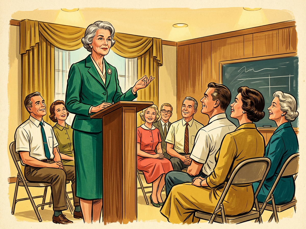 Vintage illustration of an older woman confidently addressing a small group with poise and presence
