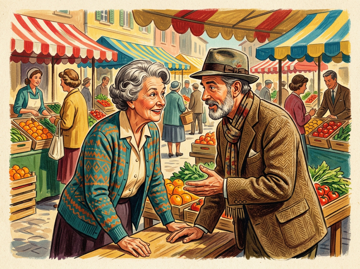 Vintage illustration of an older woman in an engaged and curious conversation with a stranger at a sunny market