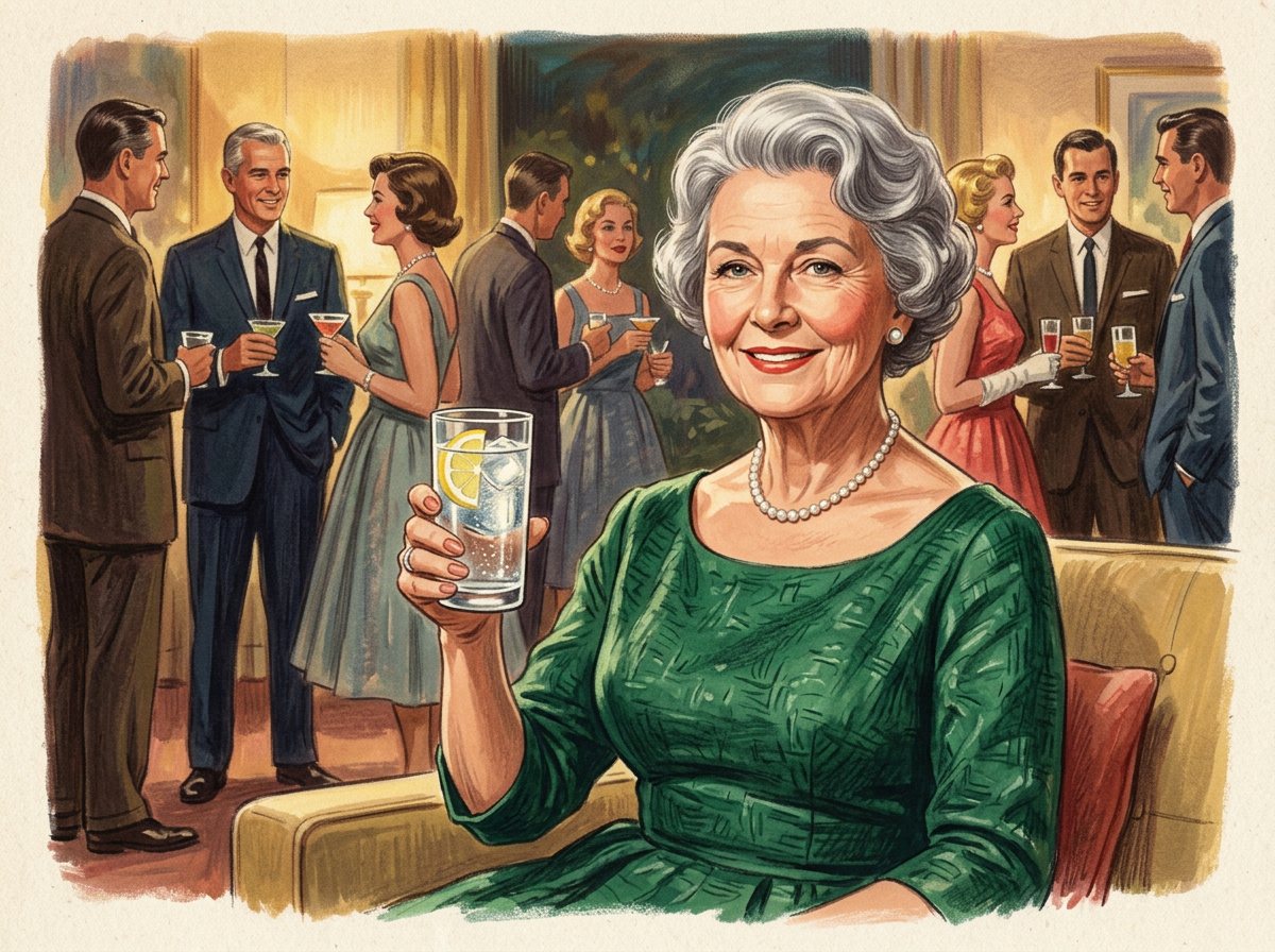 Vintage illustration of a serene older woman holding sparkling water confidently at a warm social gathering
