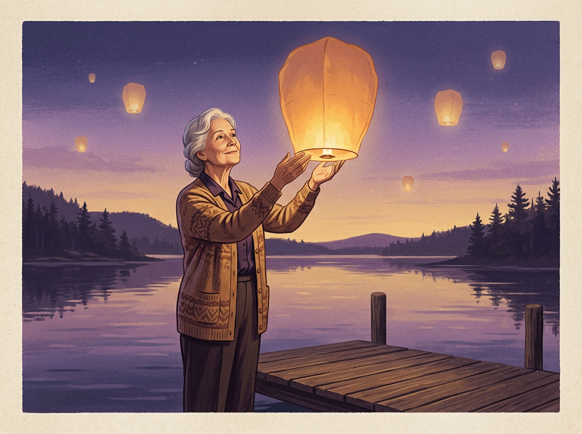 Vintage illustration of an older woman peacefully releasing a lantern into a quiet twilight sky