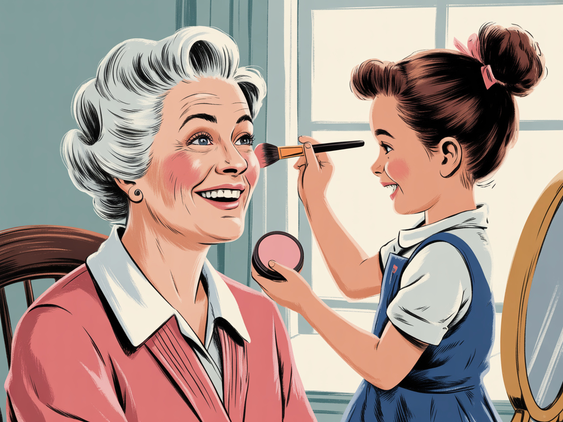 Young granddaughter applying makeup to her smiling grandmother's face in a warmly lit room