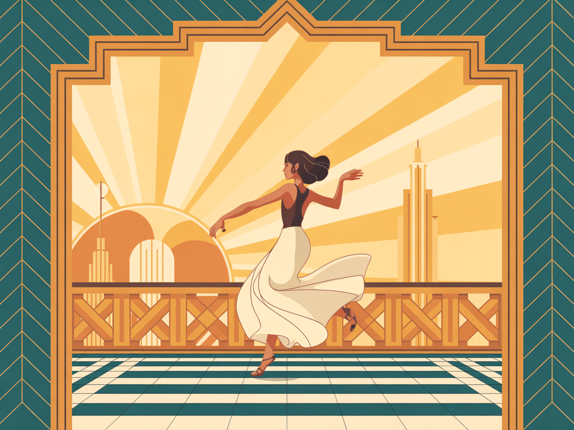 A graceful woman exercises on a sun-drenched Art Deco terrace with a stylized city skyline in the background