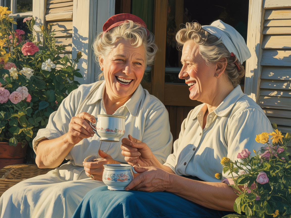 Two older women laughing together over tea on a sunny porch filled with flowers.