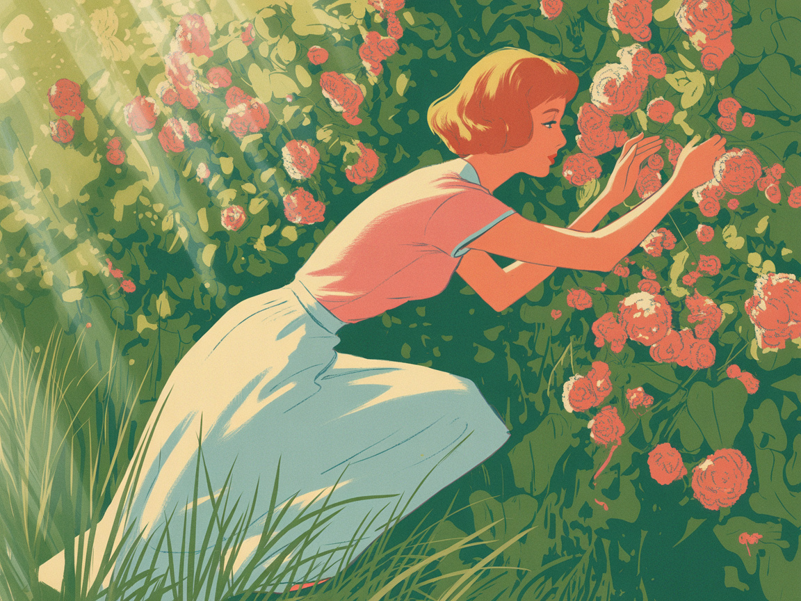 A graceful woman tends to a lush garden in warm afternoon light in a 1960s editorial illustration style.