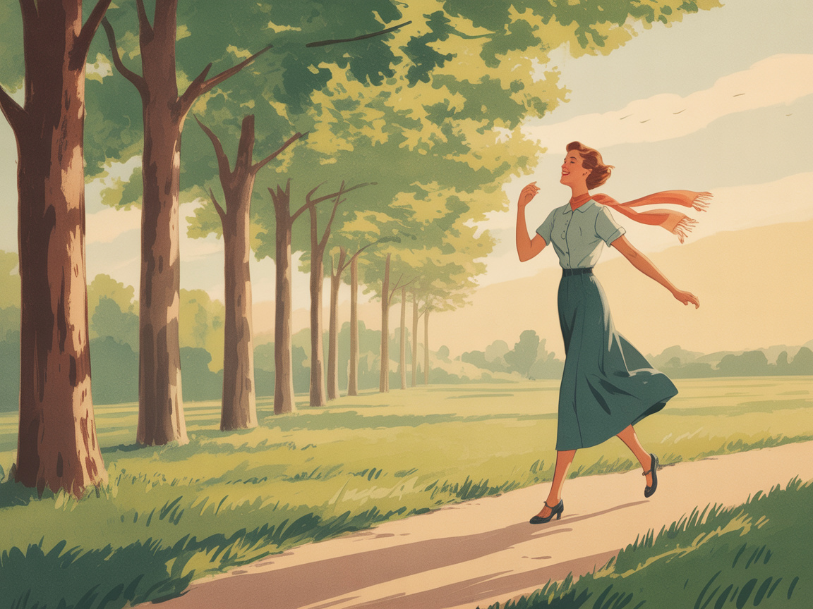 A woman enjoying a peaceful morning walk along a leafy path, illustrated in a warm vintage style