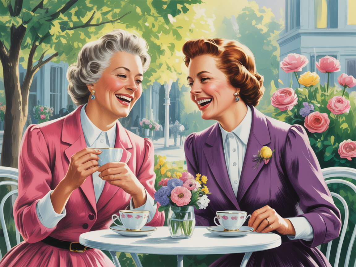 Vintage illustration of two older women sharing a joyful moment over tea at a sunlit cafe table