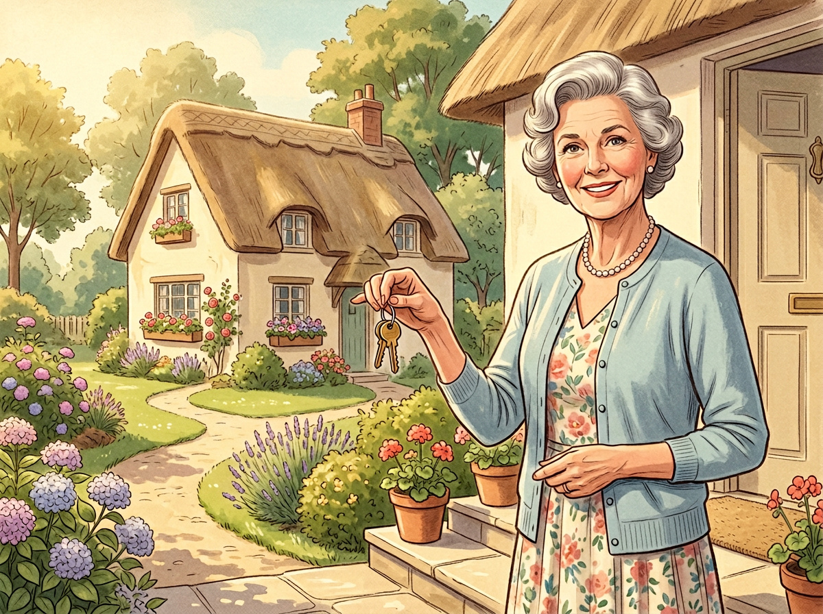 Vintage illustration of an older woman handing over house keys on a bright sunny doorstep