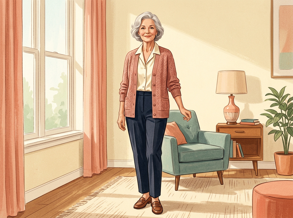 Vintage illustration of an older woman standing in warm sunlight with a radiant and self-accepting smile