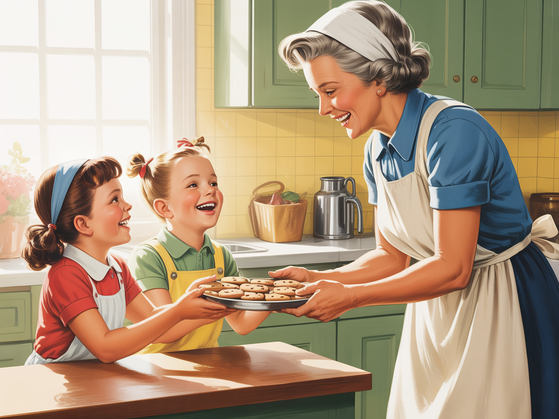 Grandmother happily offering cookies to two delighted grandchildren in a sunny vintage kitchen