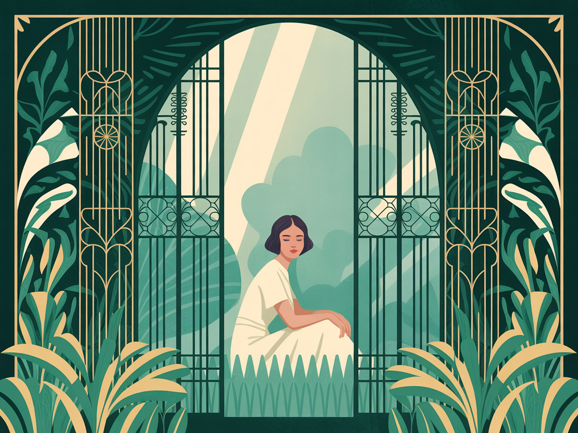 A serene woman sits peacefully inside an ornate Art Deco garden enclosed by decorative iron gates