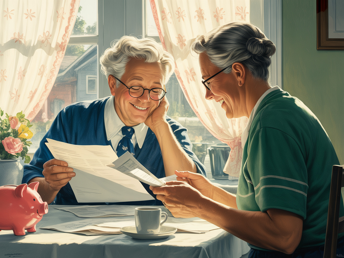 An older couple smiling as they review financial papers together at a sunny kitchen table.
