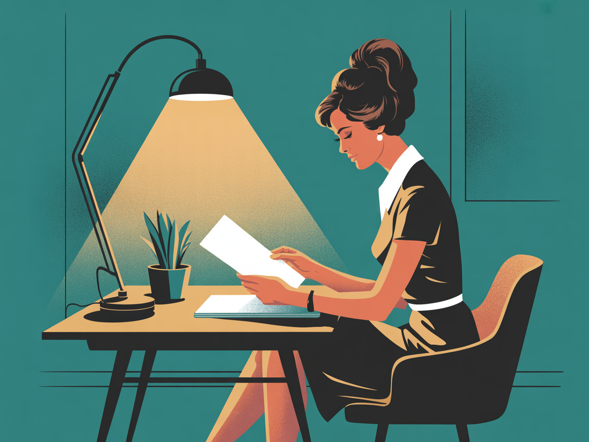 A composed woman reviews documents at a mid-century desk under warm lamplight in a 1960s editorial illustration style.