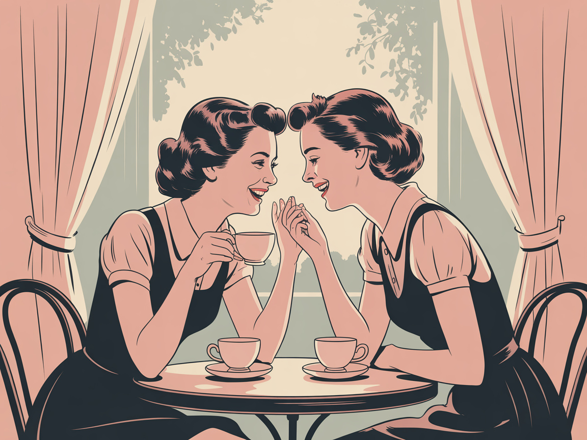 Two women sharing a warm, laughing conversation over tea at a vintage cafe table