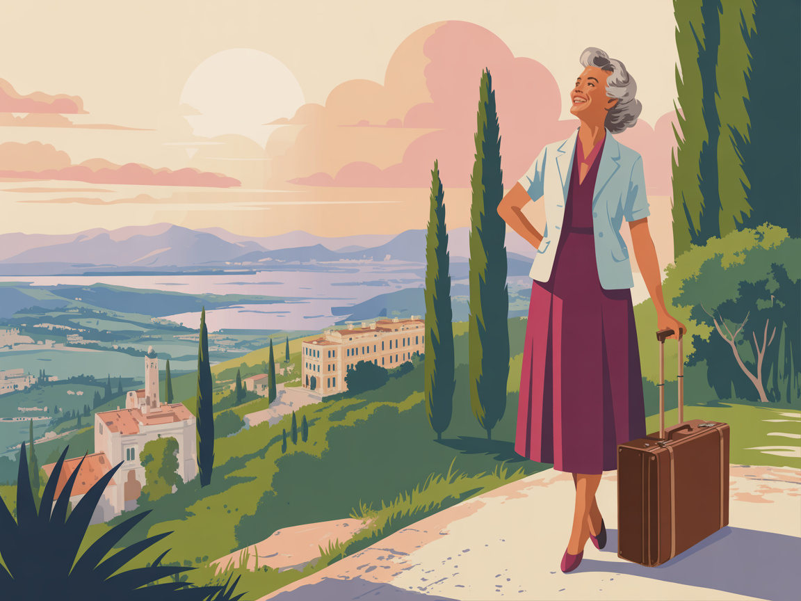 Vintage illustration of an older woman embracing adventure at a scenic travel destination with her luggage beside her