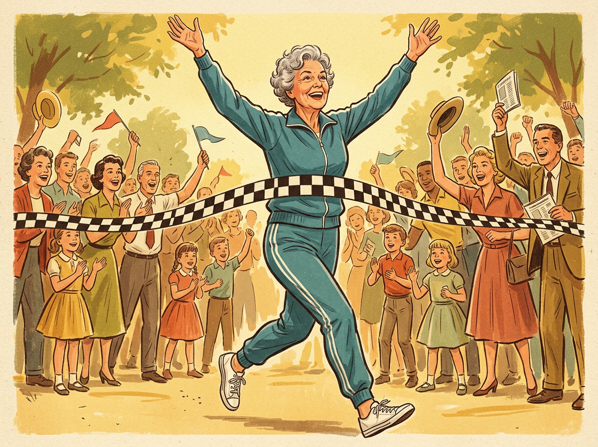 Vintage illustration of an older woman crossing a 5K race finish line with a joyful expression
