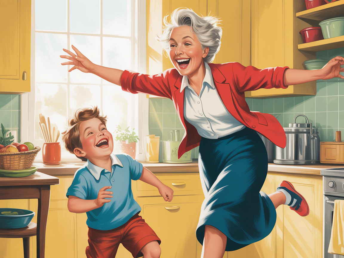 Grandmother laughingly chasing her giggling grandson around a bright vintage kitchen