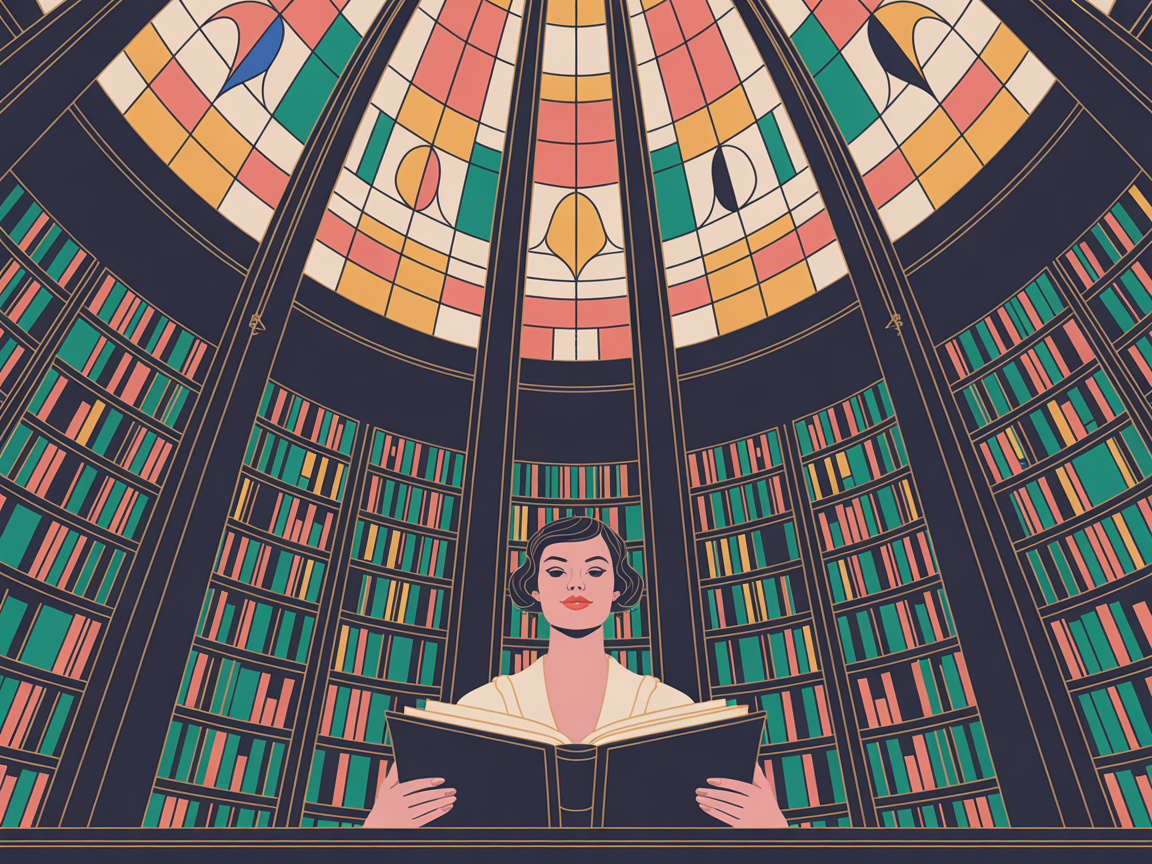 A woman reads with joy in a grand Art Deco library with soaring bookshelves and colorful stained glass light