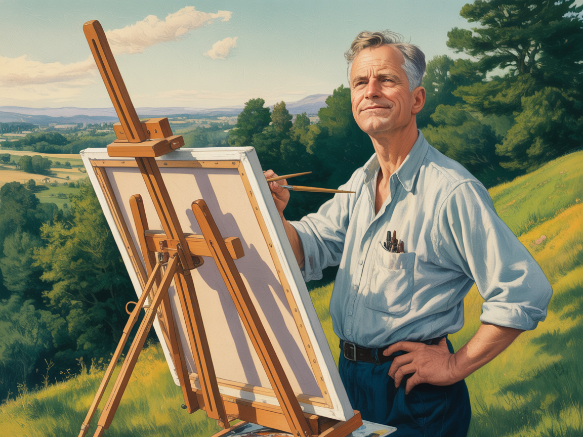 A confident older man painting at an easel on a sunny hillside with a calm, fulfilled expression.