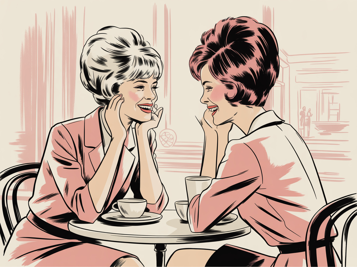Two women share warm laughter over coffee at a mid-century cafe in a 1960s editorial illustration style.