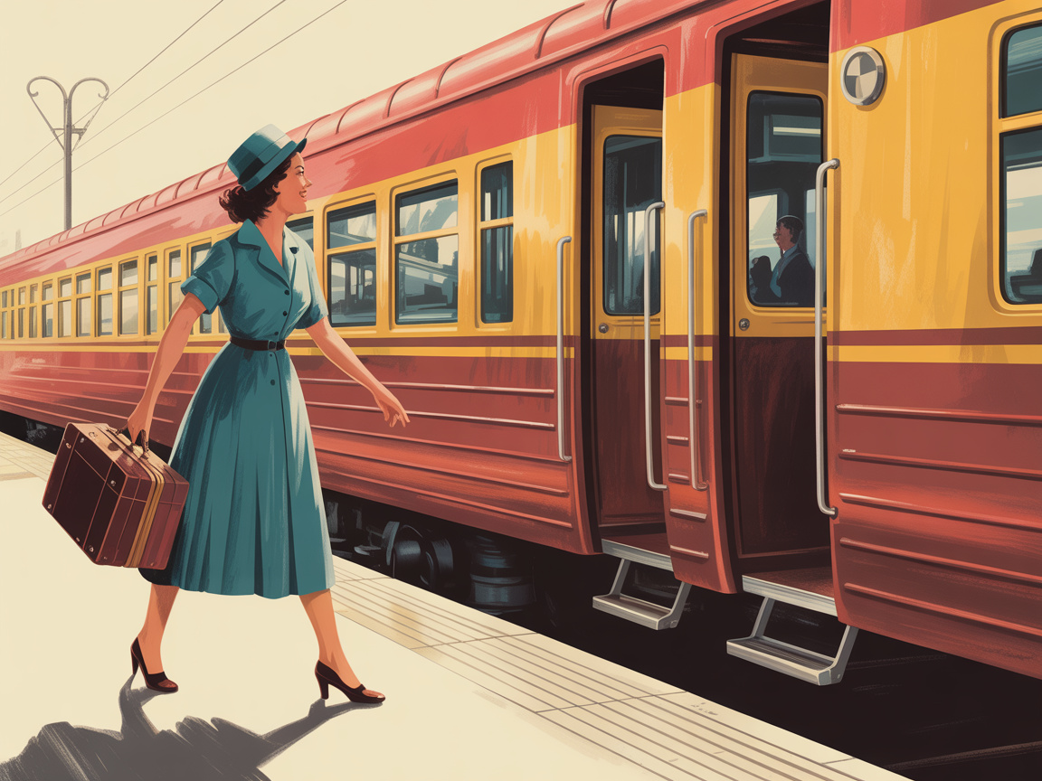 A woman stepping forward onto a train platform with a travel bag, illustrated in a bold vintage mid-century style