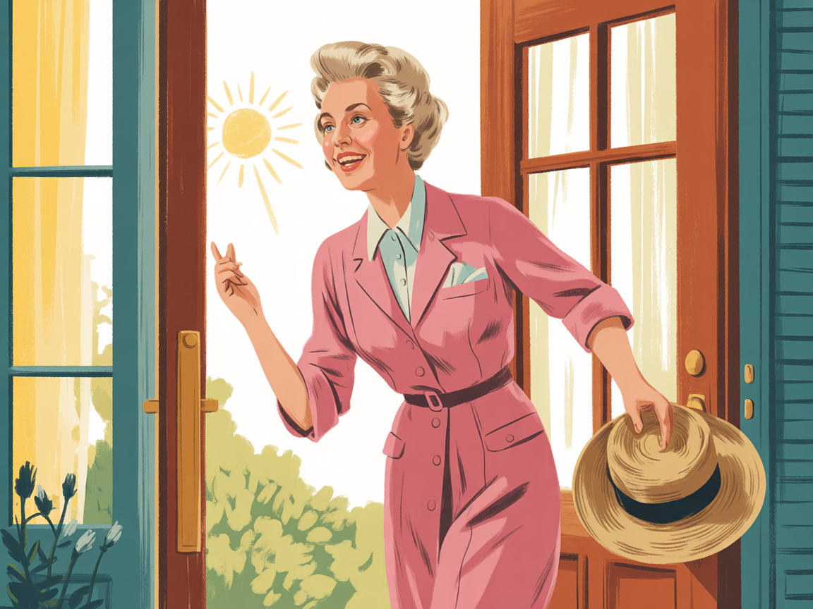 Vintage illustration of an older woman stepping out her front door into a bright sunny day with a sense of joyful spontaneity
