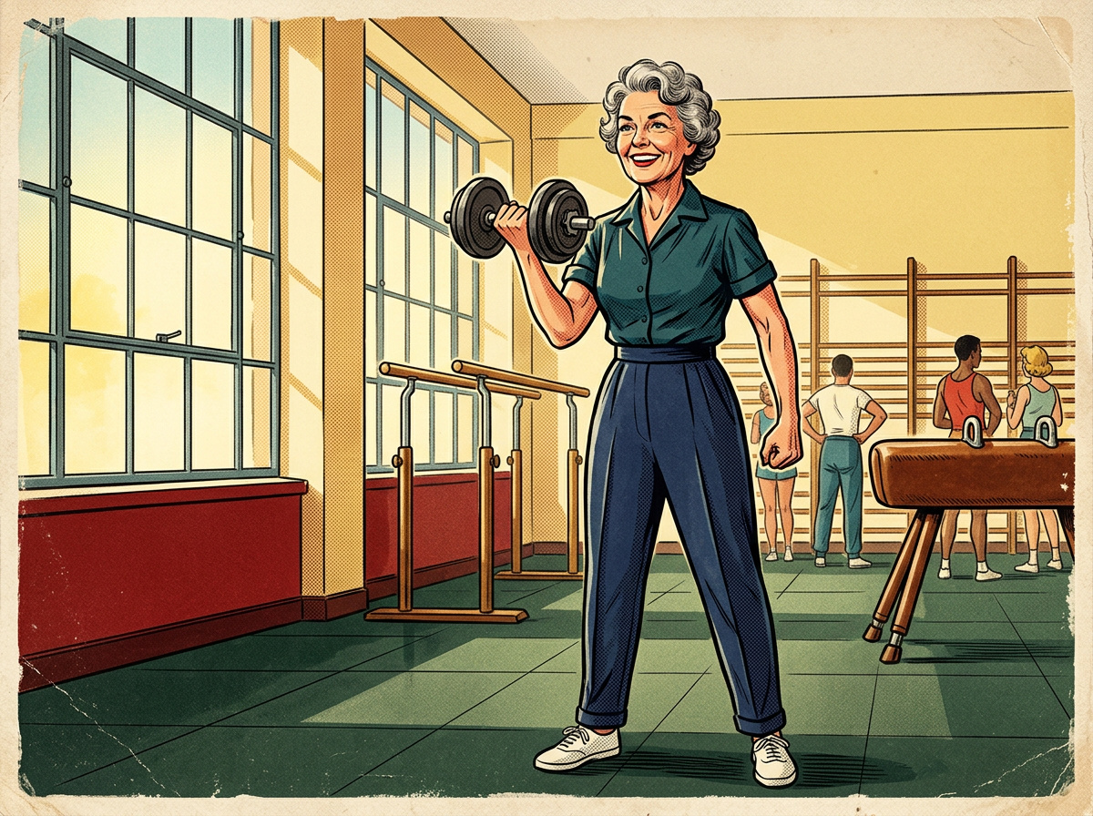 Vintage illustration of an older woman lifting weights in a bright retro gym at early morning