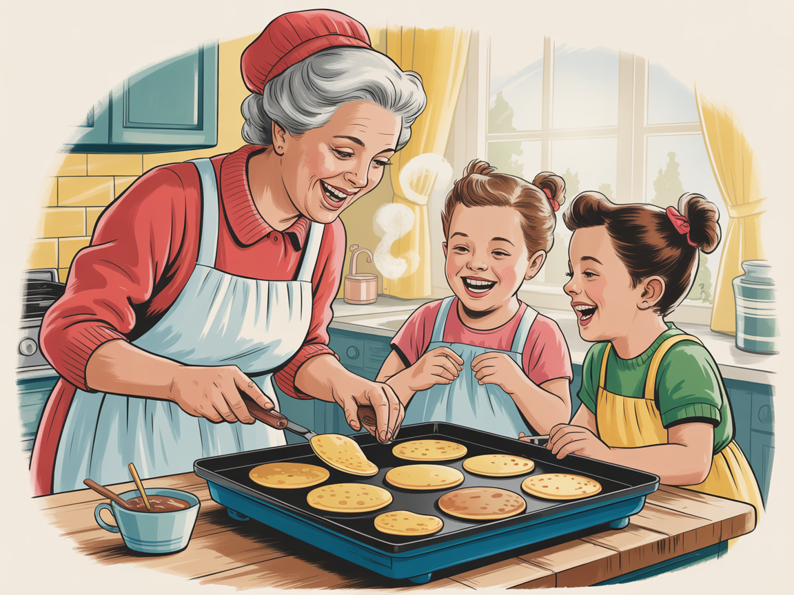 Grandmother and grandchildren laughing together while making funny-shaped pancakes on a cozy vintage kitchen morning