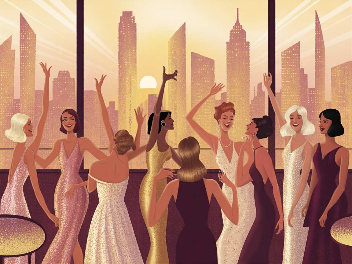 A joyful group of elegant women gathers on an Art Deco rooftop terrace at golden hour with a stylized city skyline behind them