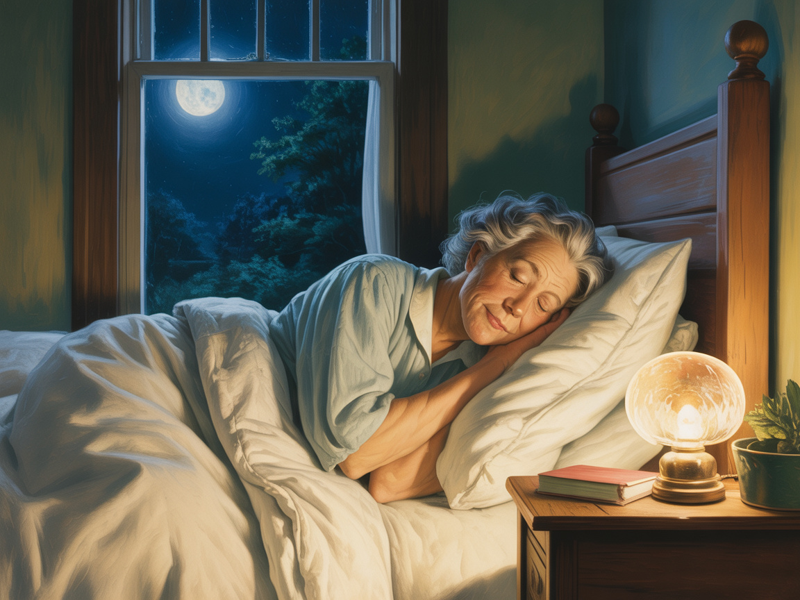 An older woman sleeping peacefully in a cozy bedroom with a soft lamp glowing beside her.