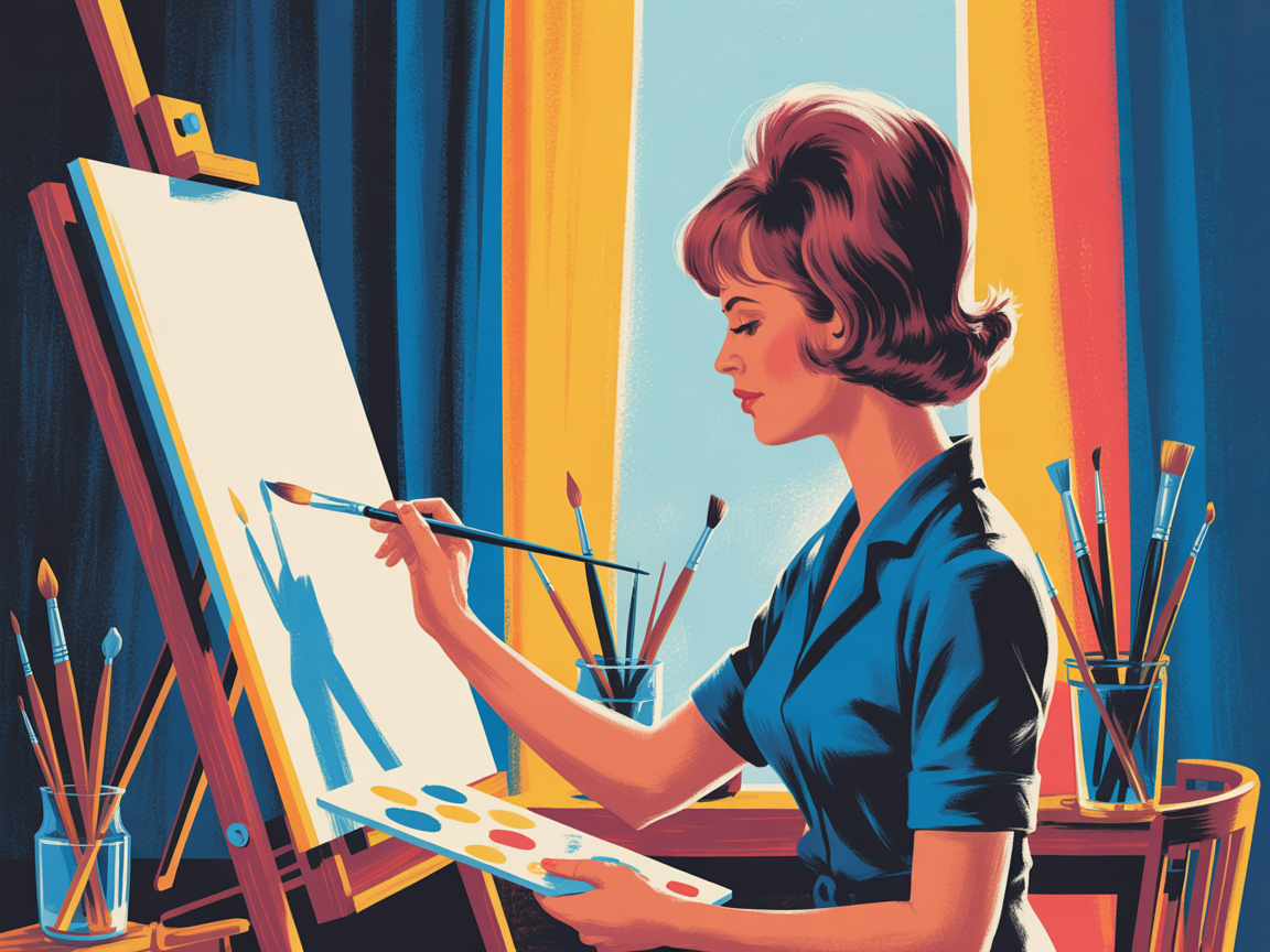 A woman paints with full absorption in a light-filled studio in a 1960s editorial illustration style.