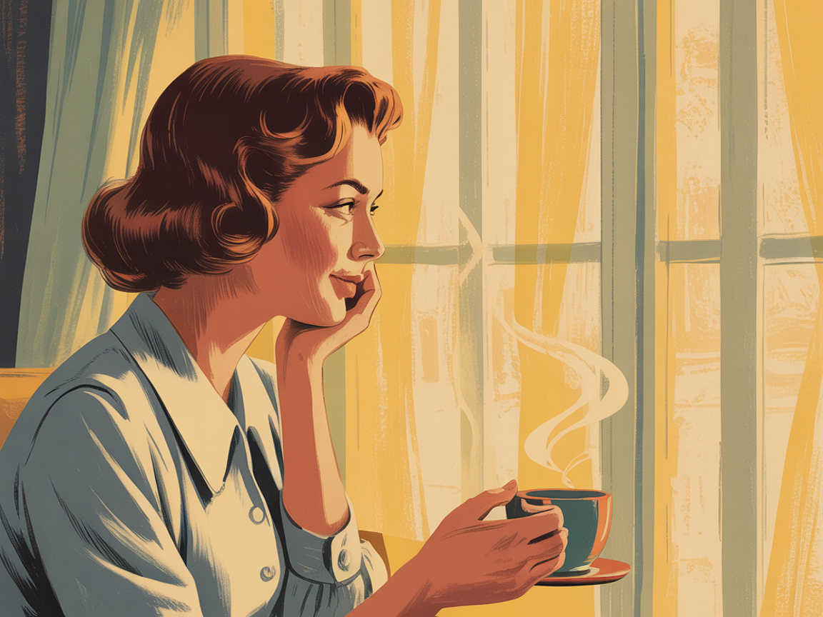A reflective woman sitting by a sunny window with a warm cup, illustrated in a soft vintage mid-century style