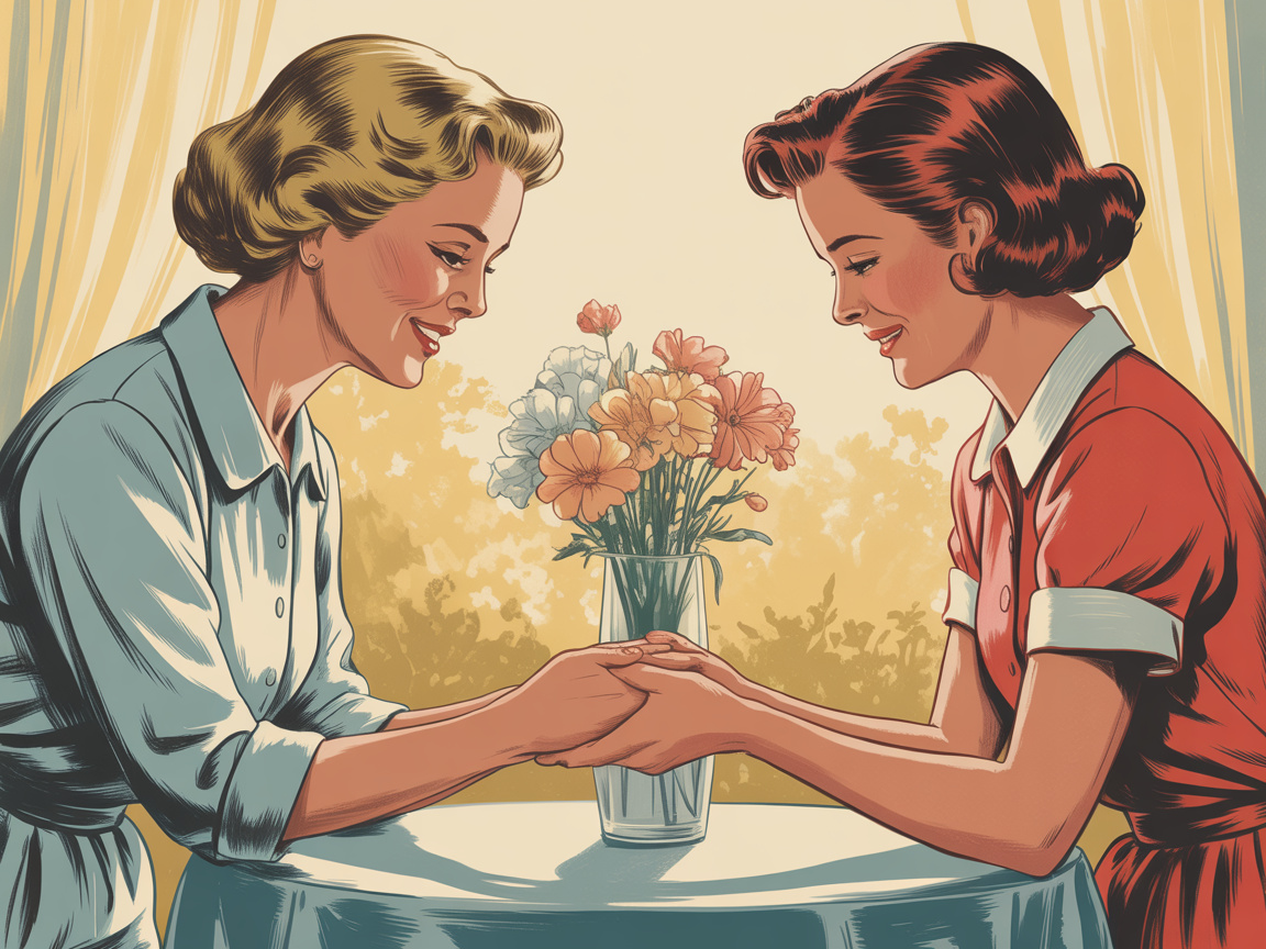 Vintage illustration of an older woman tenderly holding the hands of a younger woman across a table in a warm, intimate moment