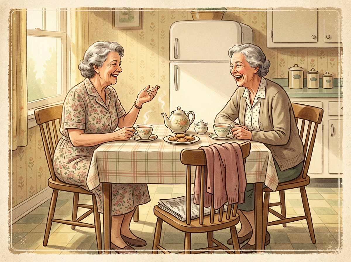 Vintage illustration of two older women sharing a warm and genuine conversation over tea
