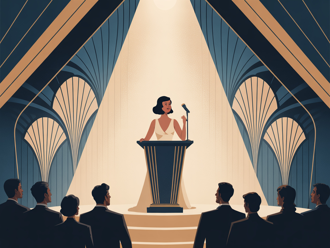 A poised woman speaks at an Art Deco podium in a grand hall with dramatic fan-shaped windows and a rapt audience