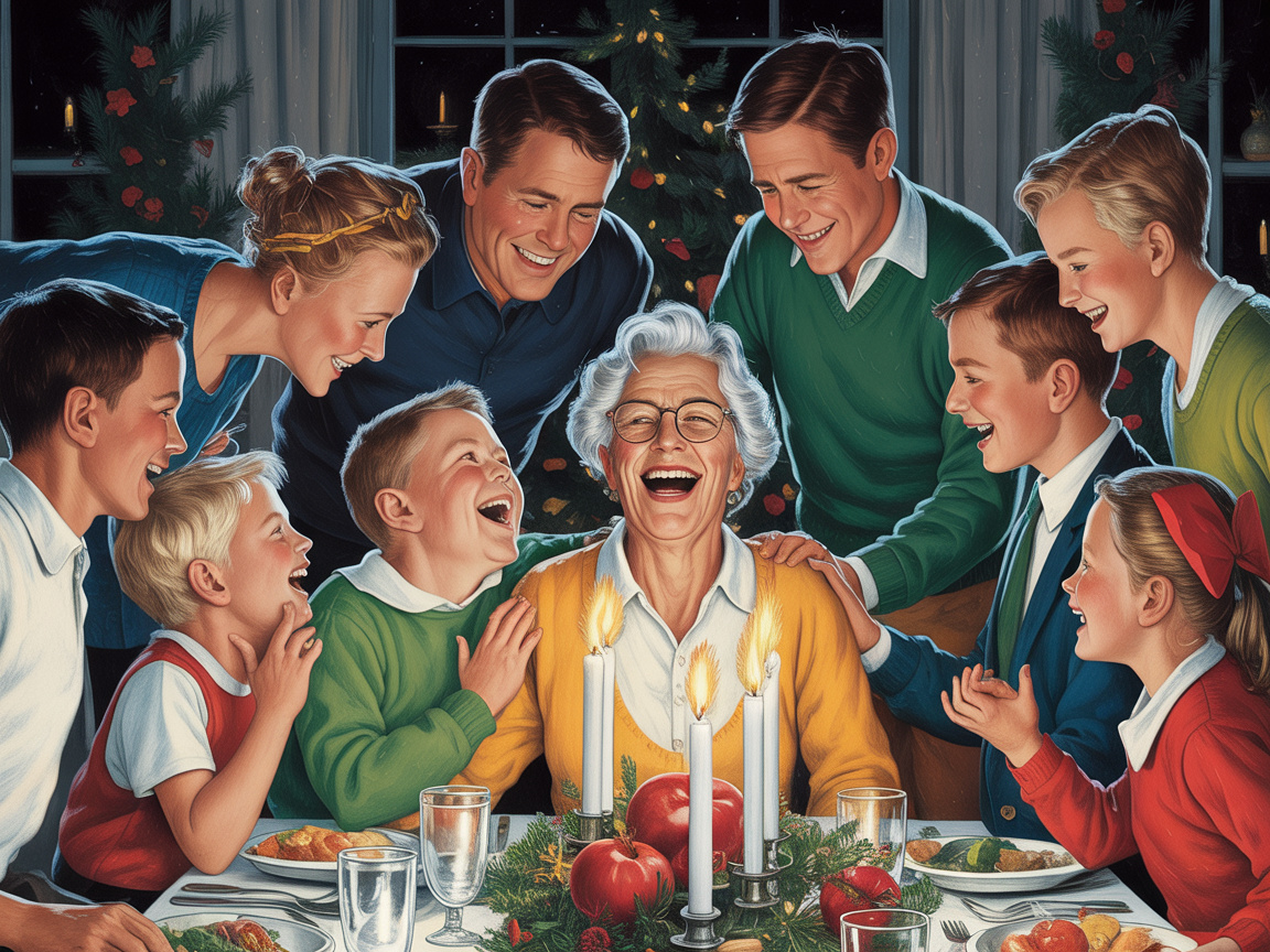 A multigenerational family laughing together around a holiday dinner table with a grandmother at the center.