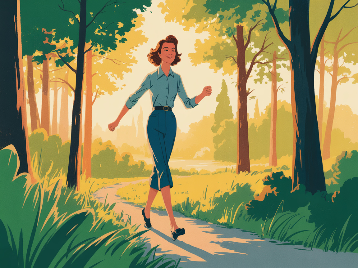 A woman walks with easy energy along a tree-lined path in golden morning light in a 1960s editorial illustration style.
