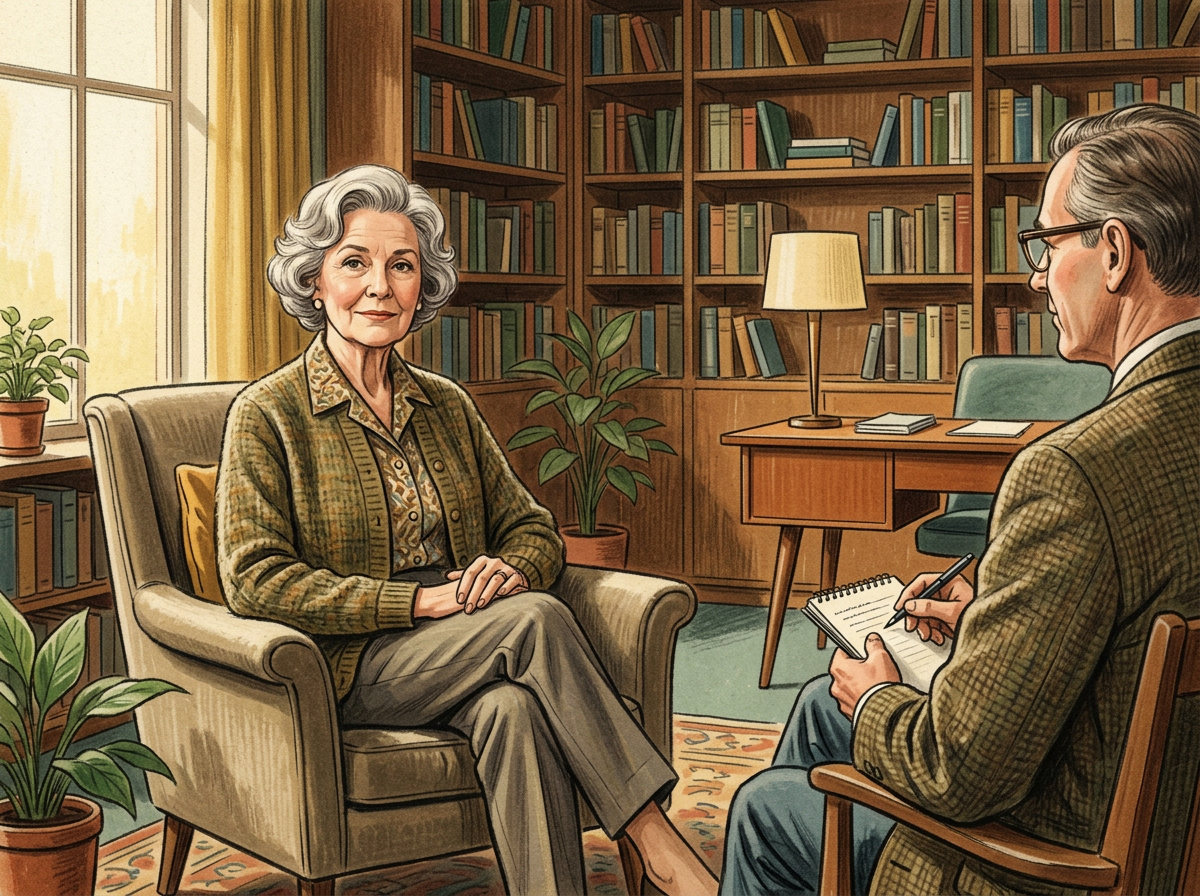 Vintage illustration of an older woman in a warm therapy office, looking thoughtful and at ease