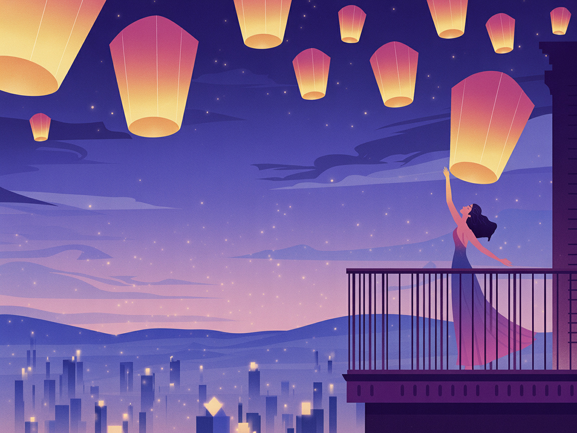 A woman releases glowing lanterns from an Art Deco balcony into a vast twilight sky dotted with city lights
